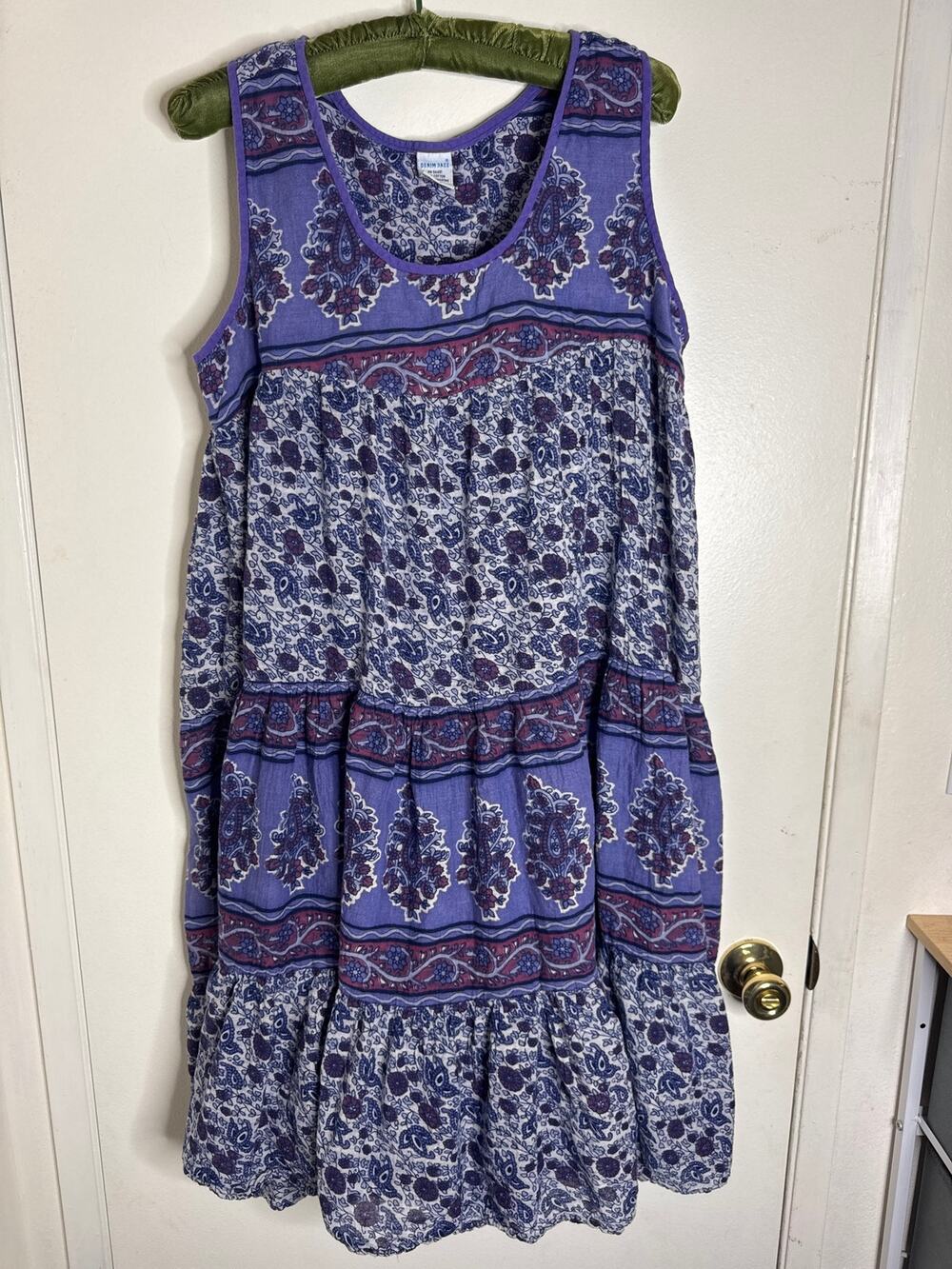 VTG 90s Denim Jazz Tiered Cotton Boho Dress Plus Size 1X Purple Paisley